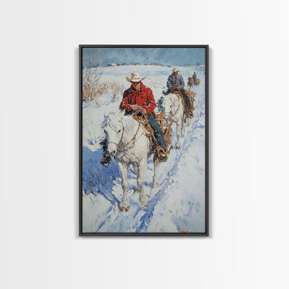 Cowboy Riding Horses in Snow Canvas Print, Winter Wall Art, Rustic Christmas Decor, Holiday Gift Idea, Seasonal Art, Framed Canvas Print