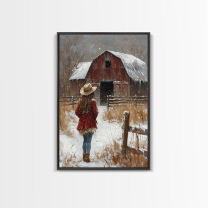 Country Girl with Falling Leaves Canvas Print, Autumn Wall Art, Farmhouse Holiday Decor, Fall Decor, Trendy Wall Art, Framed Canvas Print