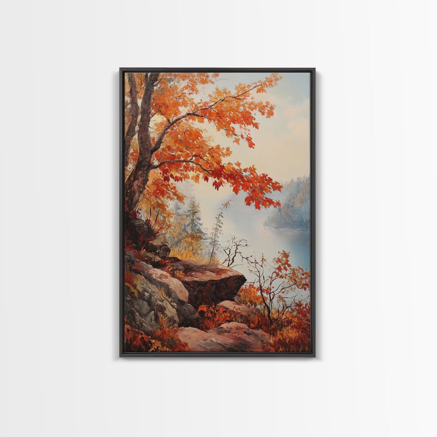 Fall In The Virginia Mountains - Framed Canvas Print - Autumn Leaves Falling On The Mountain Lake Landscape