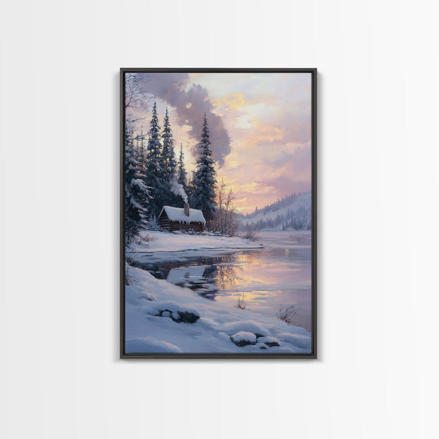 Cabin In Snowy Forest Framed Canvas Print Wall Art Winter Landscape Decor, Cozy Christmas Art Gift, Rustic Winter Wonderland Art