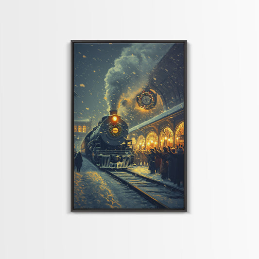 Nostalgic Christmas Train Station Scene in Snowy Winter Night, Ideal for Holiday Decor, Framed Canvas Print
