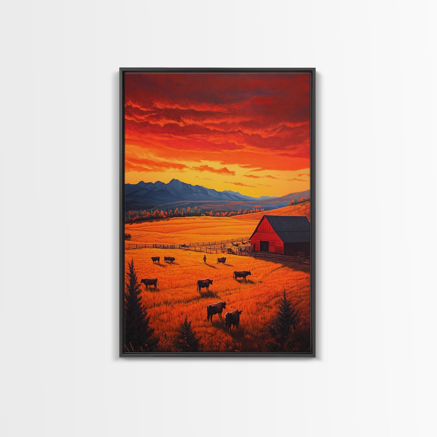 Golden Fields and Barn Framed Canvas Print, Pastoral Landscape with Mountains Grazing Cows, Rustic Fall Wall Art Farmhouse Ranch Style Decor