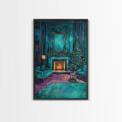 Cozy living room with Christmas tree and fireplace, Framed Canvas Print, Christmas wall art, perfect modern farmhouse holiday decor