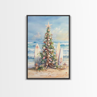 Coastal Christmas tree with surfboards at the beach Framed Canvas Print, tropical holiday wall art beach Christmas decor Christmas prints