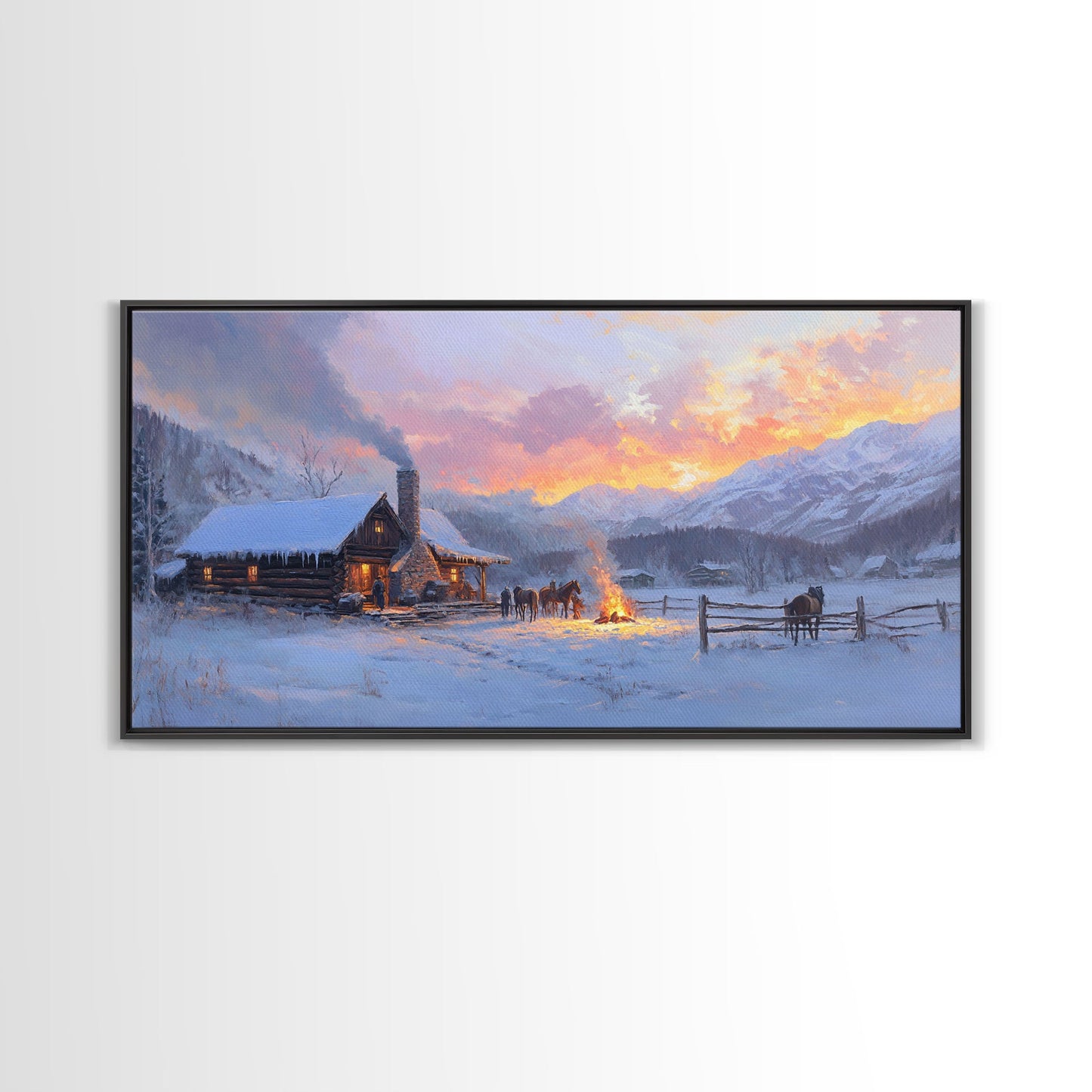 Cozy Snowy Log Cabin Tall Art Framed Canvas Print Winter Home Decor With Warm Fireplace And Horse Rider Under A Beautiful Sunset Scene
