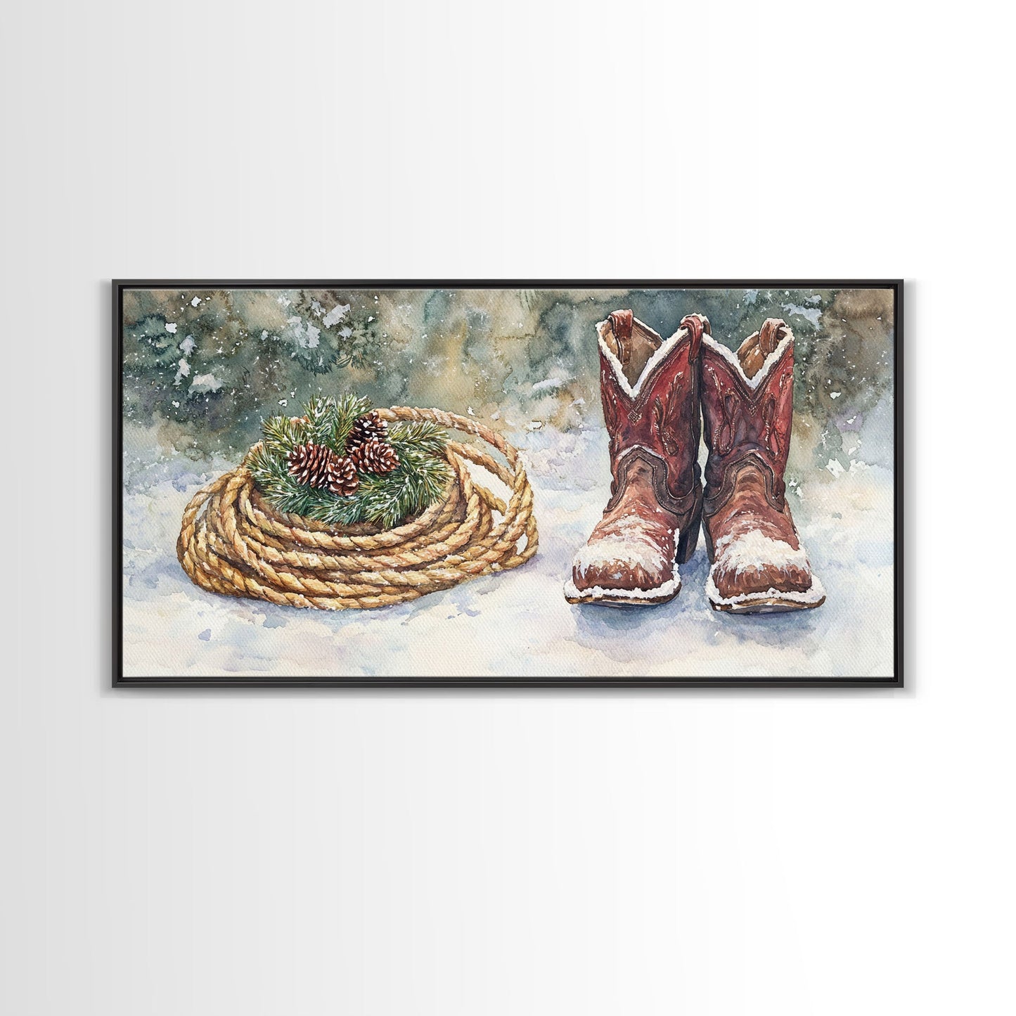 Canvas Print Cowboy Boots with Christmas Wreath and Rope, Rustic Christmas Decor, Winter Western Holiday Art, Farmhouse Wall Print