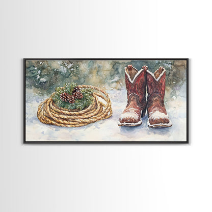 Canvas Print Cowboy Boots with Christmas Wreath and Rope, Rustic Christmas Decor, Winter Western Holiday Art, Farmhouse Wall Print