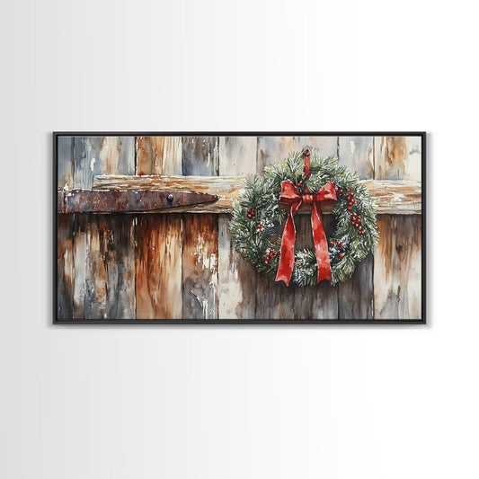 Rustic Wreath Red Ribbon Canvas Print Christmas Door Decor Farmhouse Christmas Wall Art Framed Canvas Print Christmas Outdoor Decor