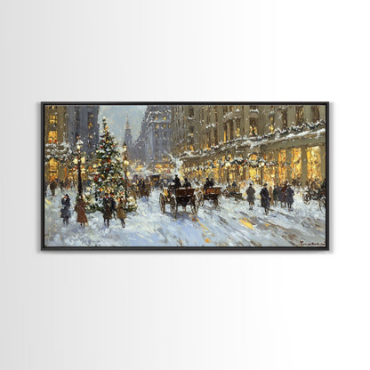 Bustling Christmas Street Scene Tall Art Framed Canvas Print Vintage Winter Holiday Scene With Horse-Drawn Carriages And Festive Lights