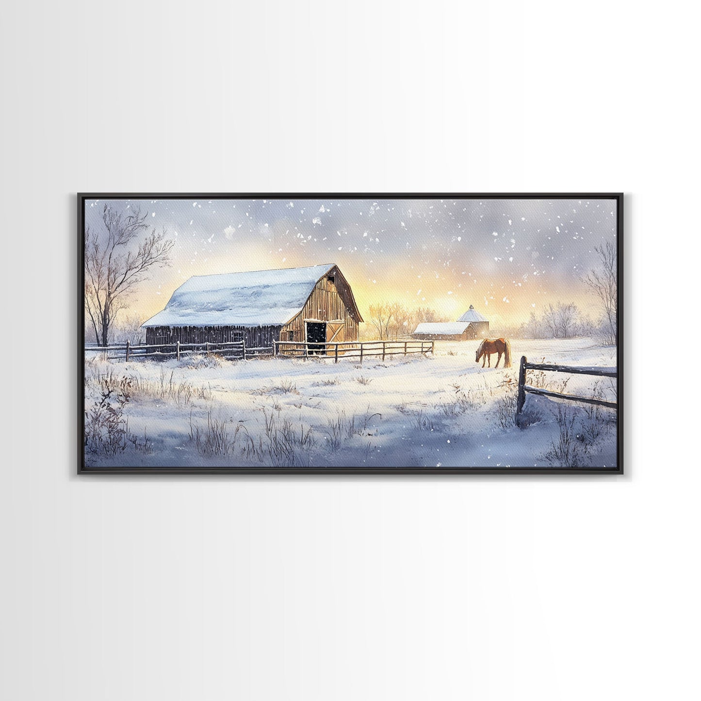 Rustic Barn in Winter Wonderland, Framed Canvas Print, Farmhouse Christmas Art, Christmas Wall Decor, Holiday Seasonal Wall Art, Gift Idea