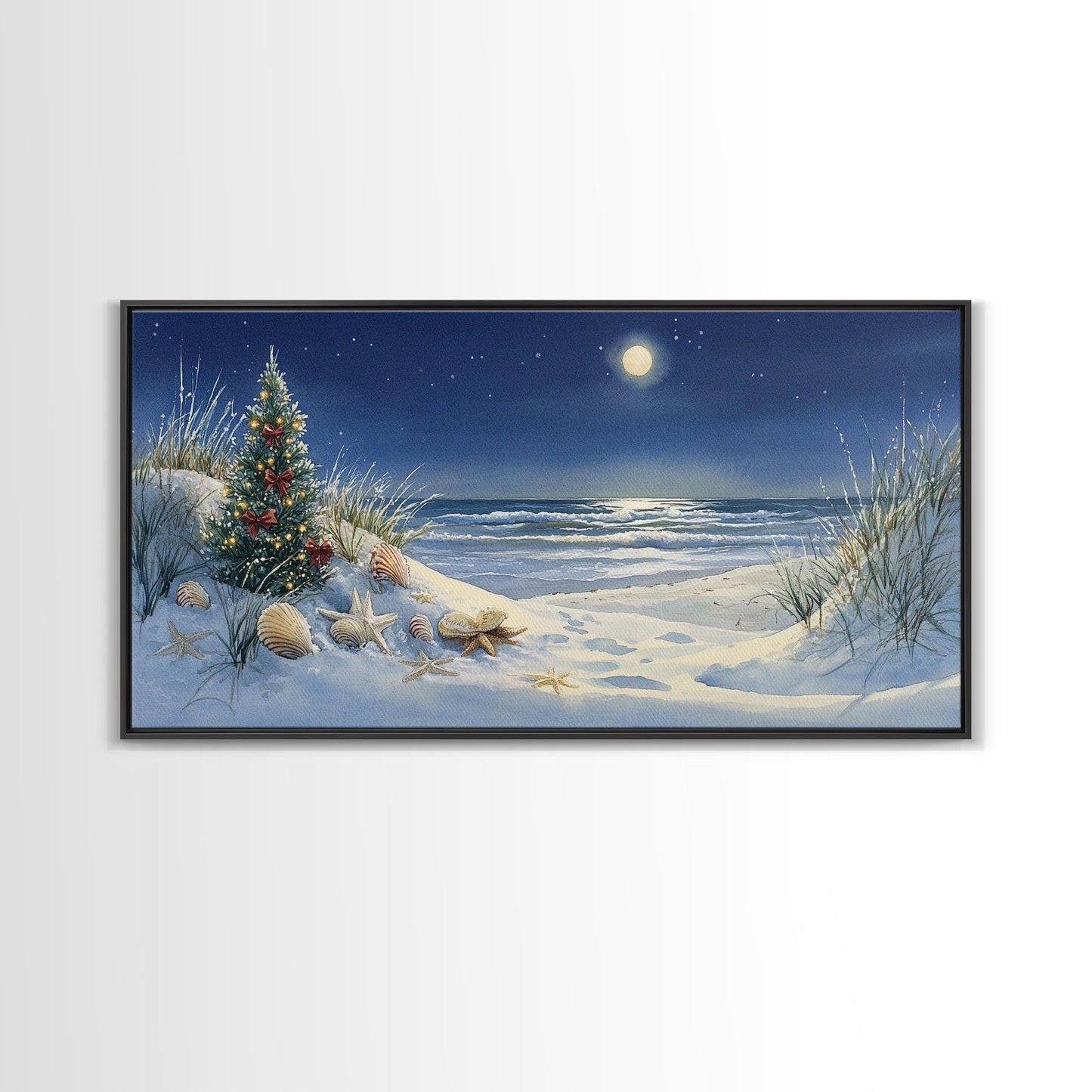 Christmas Tree on Snowy Beach with Full Moon, Framed Canvas Print, Coastal Christmas Art, Nautical Holiday Decor, Winter Wonderland, Beach