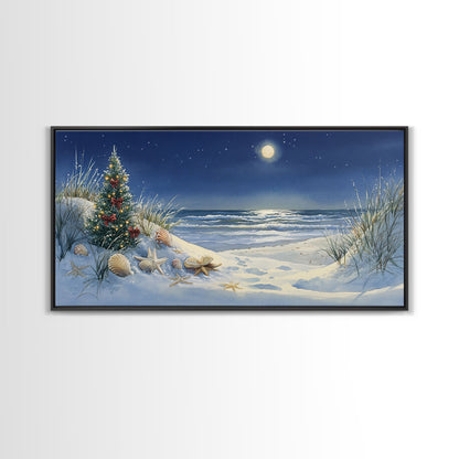 Christmas Tree on Snowy Beach with Full Moon, Framed Canvas Print, Coastal Christmas Art, Nautical Holiday Decor, Winter Wonderland, Beach