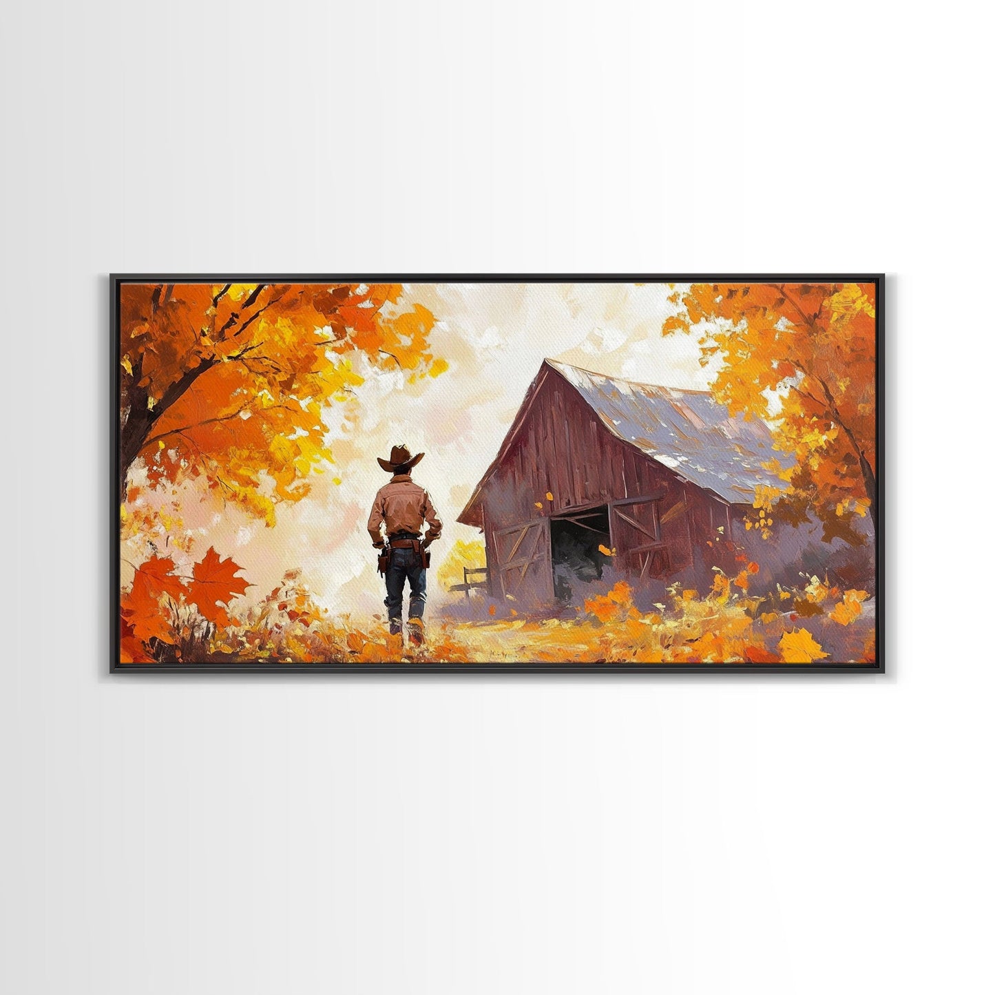 Cowboy and His Barn, Framed Canvas Print, Landscape Art Christmas Cowboy Holiday Art Wall Decor Seasonal