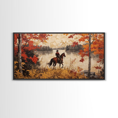 Cowboy on mountainside with red autumn leaves rugged cliffs, Framed Canvas Print, fall landscape wall art, western decor with warm colors