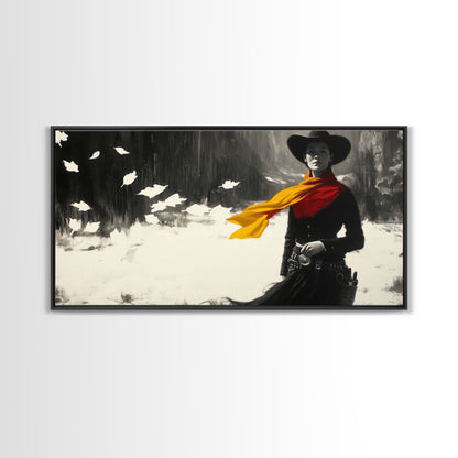 Bold Framed Canvas Print of a Cowgirl Riding Through Snow, Western Horse Art, Dynamic Winter Wall Decor and Christmas Holiday Gift Idea