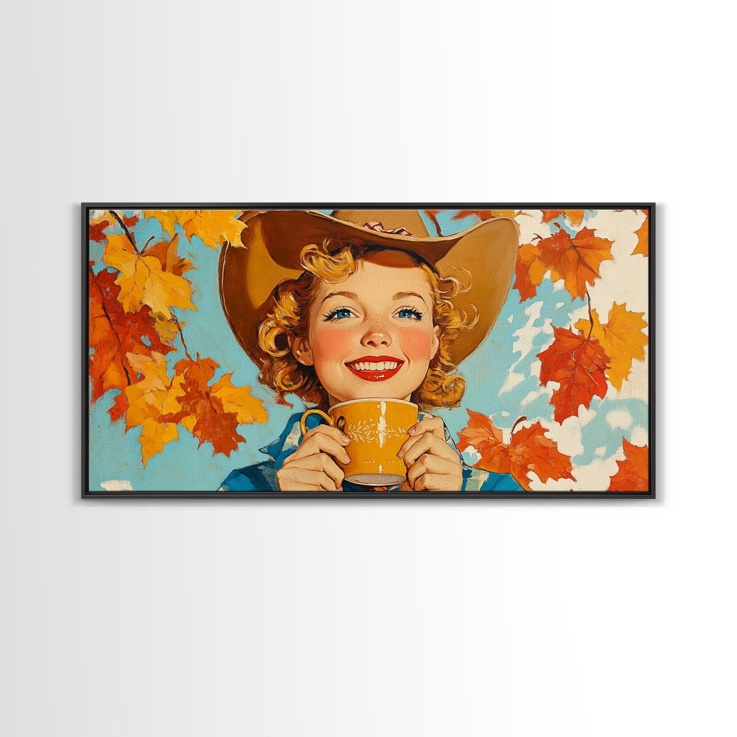 Cowgirl Having A Cup Of Joe, Framed Canvas Print, Farmhouse / Western Rustic Charm, Seasonal Art Piece to Warm Up Your Home Decor This Fall