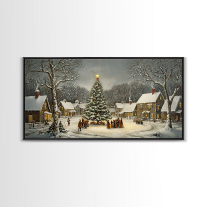 Large Christmas Tree In Snowy Village With Families, Winter Wonderland Holiday Wall Art, Framed Canvas Print, Rustic Christmas Decor
