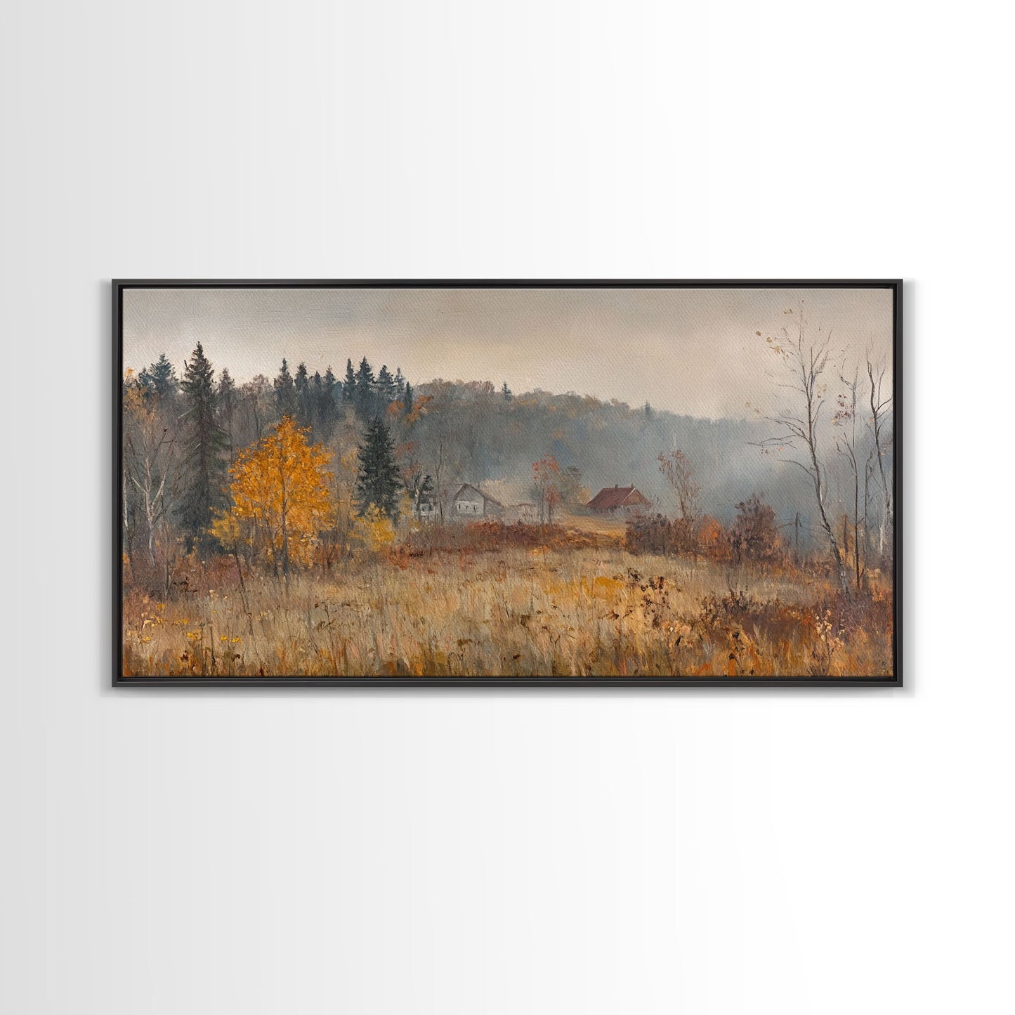 Early American Style Landscape Painting, Framed Canvas Print, Christmas Holiday Wall Art for Seasonal Winter Decor