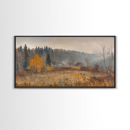 Early American Style Landscape Painting, Framed Canvas Print, Christmas Holiday Wall Art for Seasonal Winter Decor