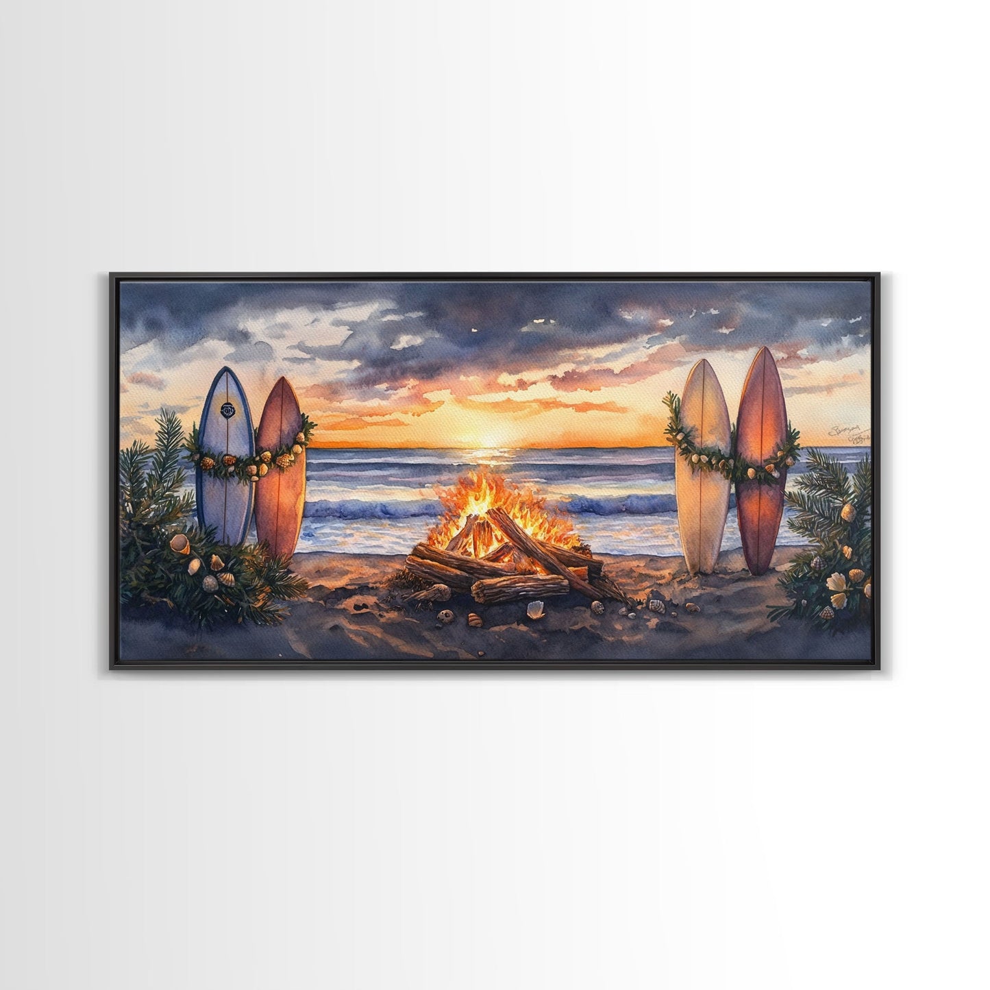 Surfboards With Christmas Garland By Bonfire At Sunset, Tropical Christmas Beach Wall Art, Coastal Holiday Framed Canvas Print