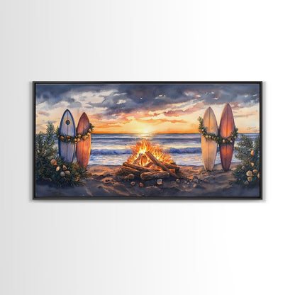 Surfboards With Christmas Garland By Bonfire At Sunset, Tropical Christmas Beach Wall Art, Coastal Holiday Framed Canvas Print