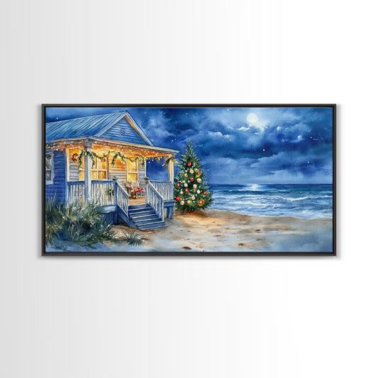 Cozy Christmas Cottage On Beach Scene With Framed Canvas Print, Winter Beach Home Christmas Tree Wall Art, Holiday Wall Decor