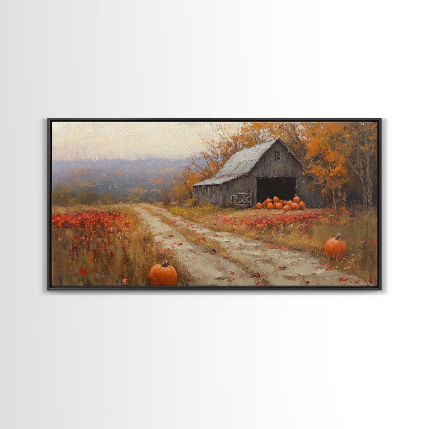 Scenic Country Farmhouse Autumn Harvest Framed Canvas Print with Pumpkins, Rustic Farmhouse Fall Art, Wall Decor, Seasonal Wall Art Gift