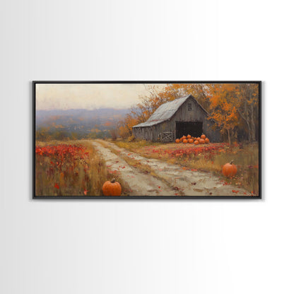 Scenic Country Farmhouse Autumn Harvest Framed Canvas Print with Pumpkins, Rustic Farmhouse Fall Art, Wall Decor, Seasonal Wall Art Gift