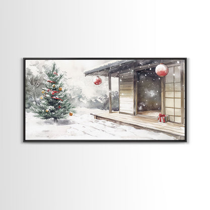 Minimalist Japanese Christmas Scene Framed Canvas Print, Snowy Holiday Decor with Simple Tree and Lantern Perfect Holiday Art