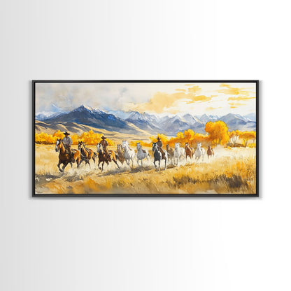 Western Cowboy Horse Drive Framed Canvas Print, Autumn Mountain Landscape with Riders and Horses in Golden Fall Light Wall Art
