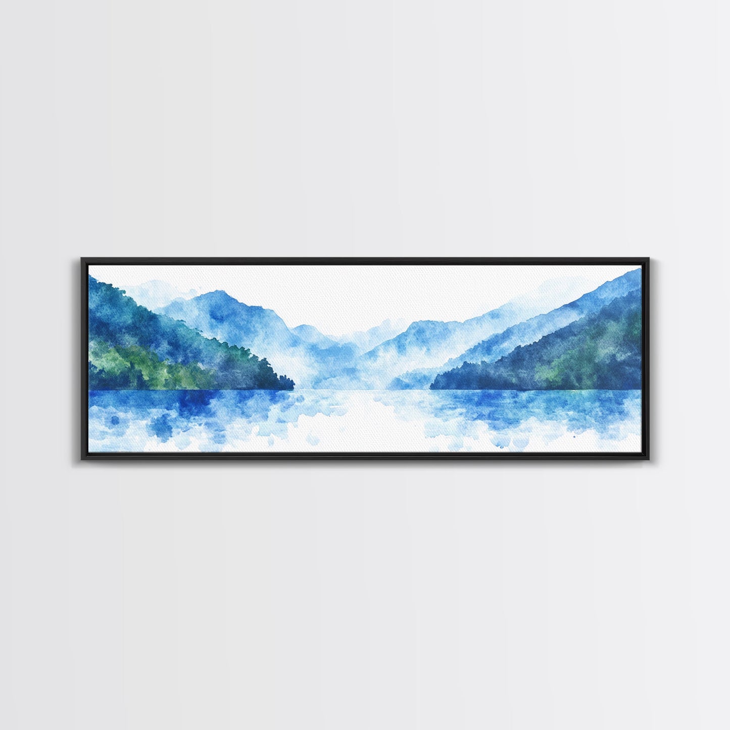 Reflections - Foggy Mountain Morning - Watercolor Painting Print - Wood Framed Wall Art - Panoramic Painting