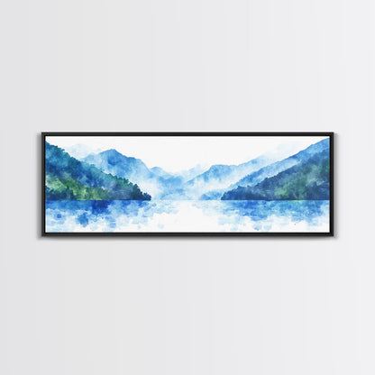 Reflections - Foggy Mountain Morning - Watercolor Painting Print - Wood Framed Wall Art - Panoramic Painting