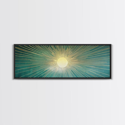 Eclectic Art Deco Sunburst Framed Canvas Print, Boho Style Wall Art, Emerald Green and Gold Extra Wide Art