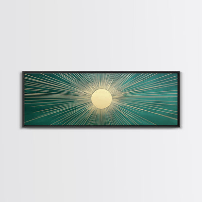 Emerald Green Sun Burst Wall Art, Art Deco Retro Vibes, Eclectic Home Decor, Emerand Green and Gold Horizontal Framed Canvas