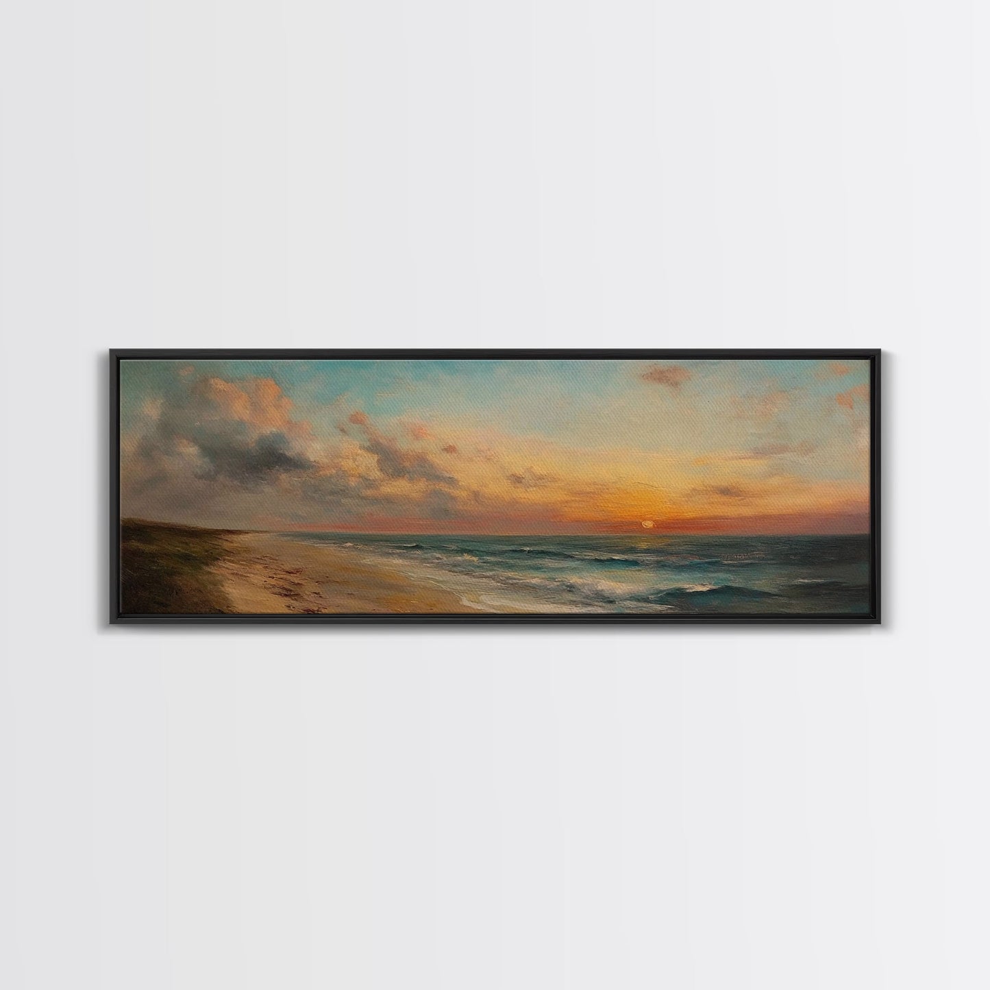 Muted Beach Framed Oil Painting Canvas Print, Minimalist Coastal Decor, Seascape Painting, Long / Horizontal Beach Wall Art, Panoramic Art
