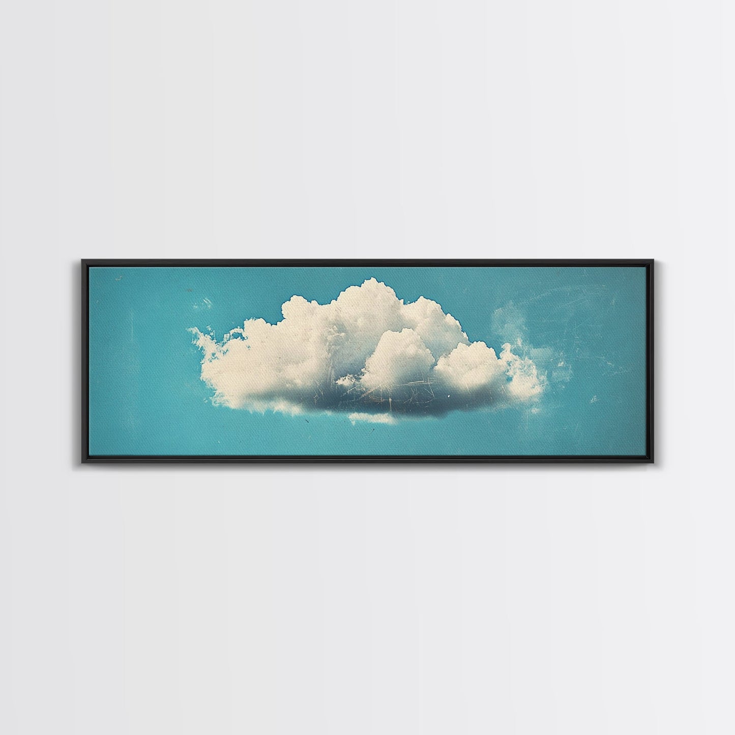 Framed Canvas Art, Sky Blue, Navy Blue Lonely Cloud Art, Minimalist Art Print, Panoramic Extra Wide Horizontal Art, Lonely Cloud