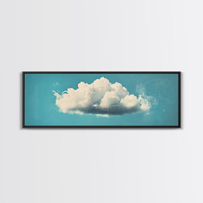 Framed Canvas Art, Sky Blue, Navy Blue Lonely Cloud Art, Minimalist Art Print, Panoramic Extra Wide Horizontal Art, Lonely Cloud