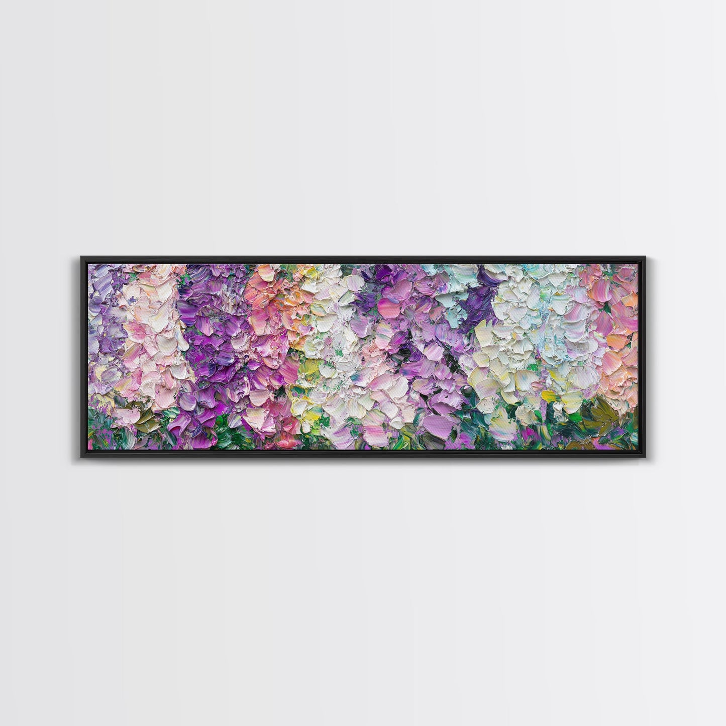 White, Pink and Purple Wild Flowers, Framed Canvas Print, Floral Oil Painting, Abstract Flower Painting, Panoramic Oversized Wall Art