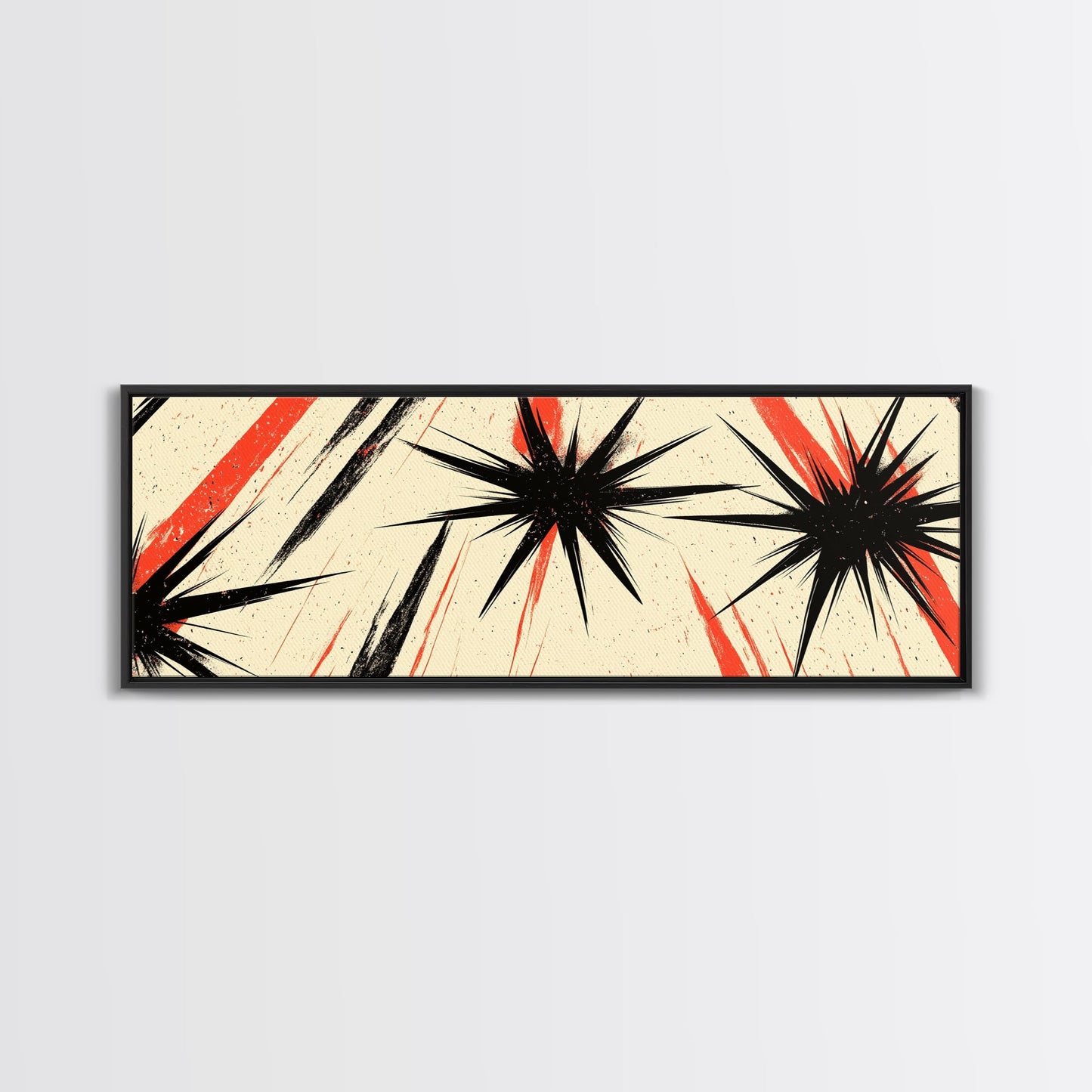 Flashes and Light - Framed Canvas Print - Mid-century Modern Rocket Age Inspired Wall Art - Black Stars with Red Streaks