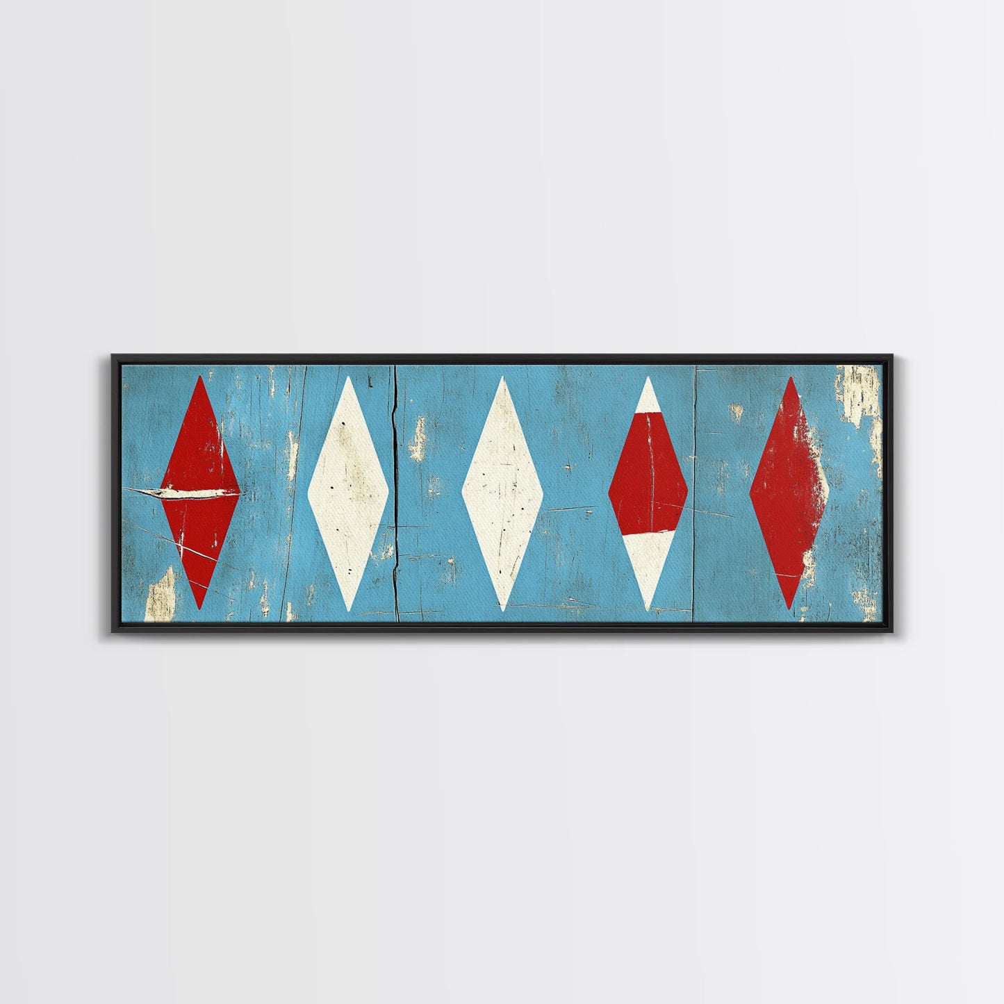 Red & White Diamonds - Framed Canvas Print - Rustic / Distressed MCM Mashup Home Decor - Turquoise Background