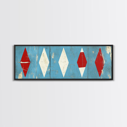 Red & White Diamonds - Framed Canvas Print - Rustic / Distressed MCM Mashup Home Decor - Turquoise Background