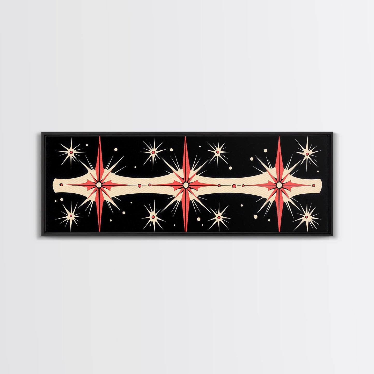 Neutral Star Burst Framed Canvas Print, Abstract Atomic Age Wall Art, Mid-Century Modern 1950s Style Home Decor, Large Scale Art