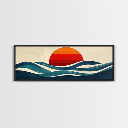 Retro Art Deco Sunset over The Ocean, Framed Canvas Print, Vector Image Style Artwork, Wood Frame, Boho / Eclectic Home Decor, Minimalist Decor