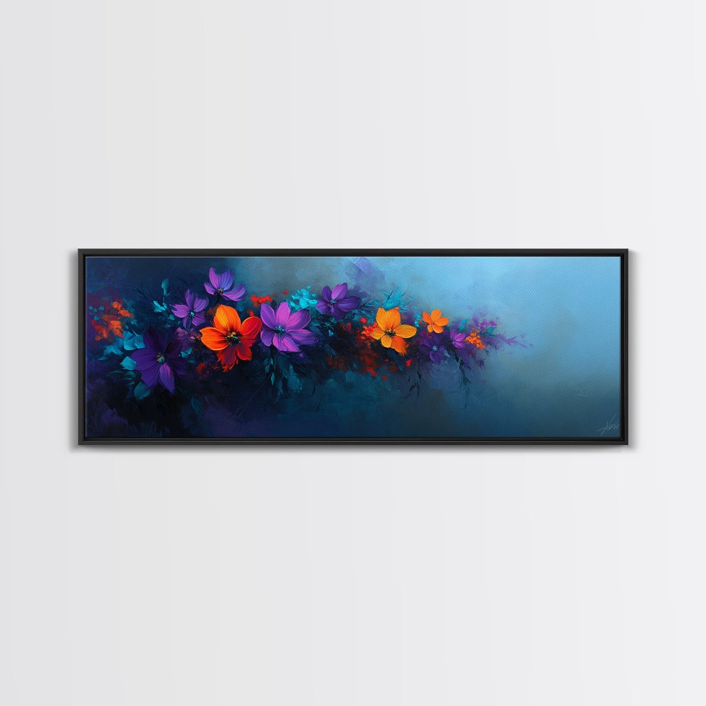 Purple and Orange Flowers on Navy Blue Background, Panoramic Framed Canvas Art, Oil Painting Print, Boho Style Wall Art, Dark Home Decor, Moody Art