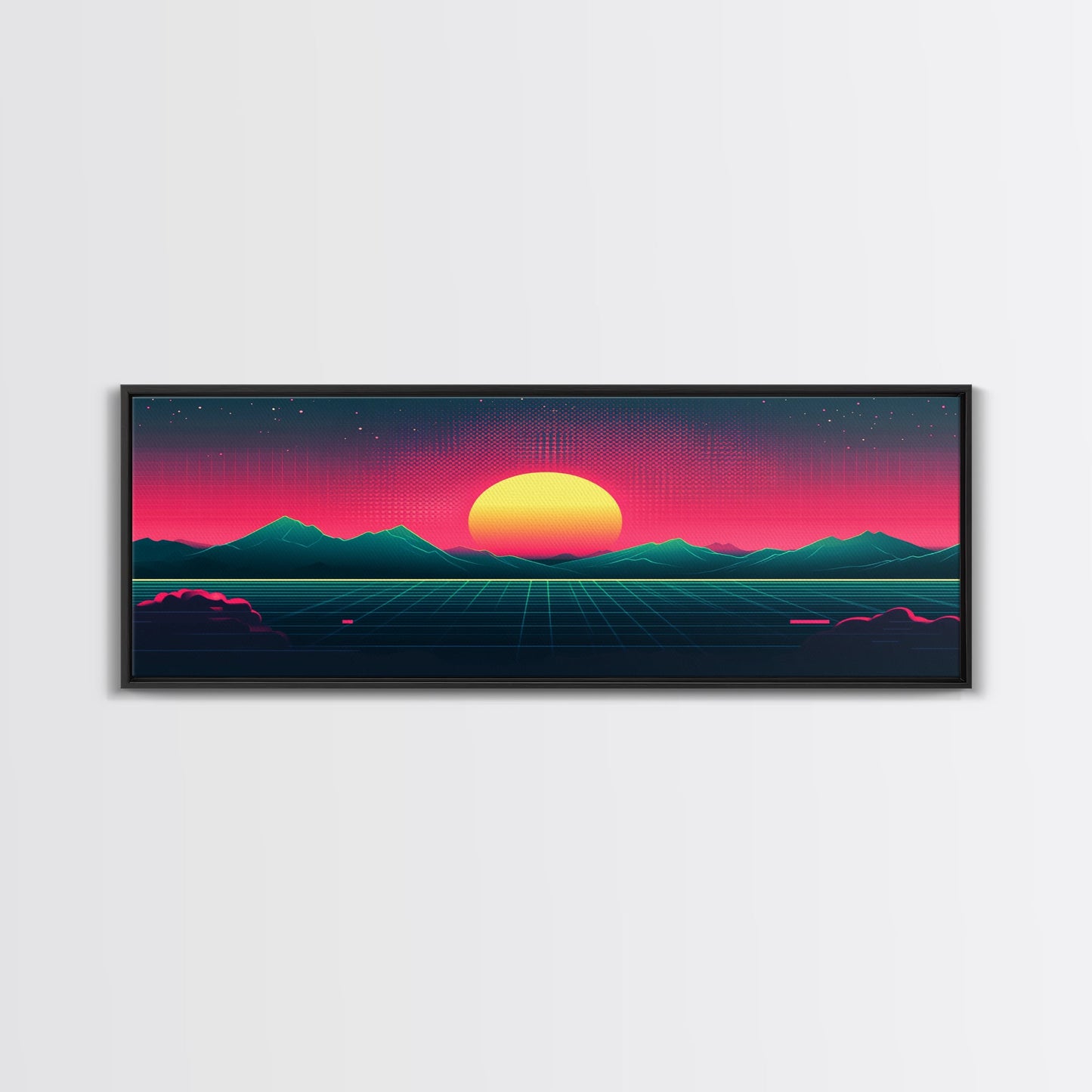Synthwave Sunset Over The Mountains, Wireframe Art, Framed Canvas Print, Wire Frame Retro 1980s Style Wall Art