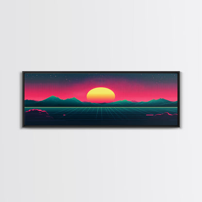 Synthwave Sunset Over The Mountains, Wireframe Art, Framed Canvas Print, Wire Frame Retro 1980s Style Wall Art