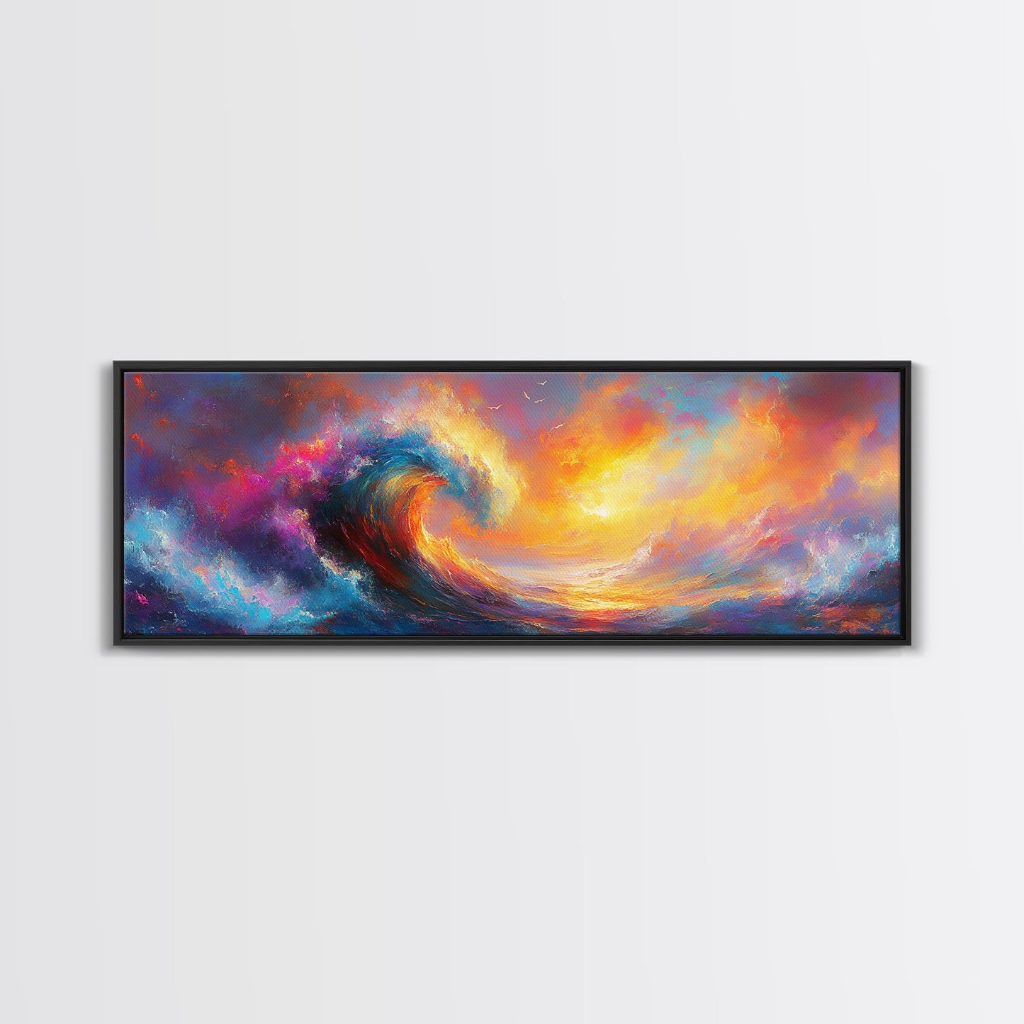Oil Painting Print of Rainbow Ocean Waves, Retro Farmhouse Beach House Decor, Panoramic Extra Wide Wall Art