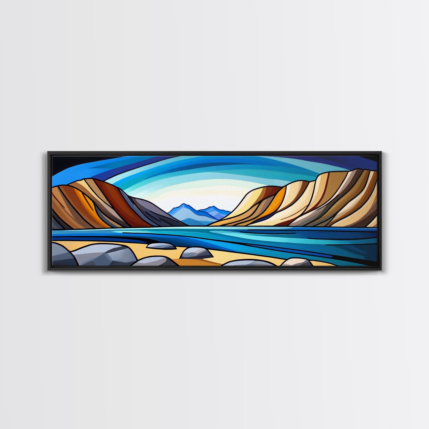 Retro Art Deco Landscape Print, Stained Glass Style Landscape Painting, Wood Framed Wall Art, Horizontal Art, Ultra Wide Panoramic Art