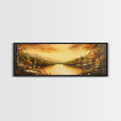 Sunset Over The Lake, Framed Canvas Print, Ultra Wide Wall Art, Panoramic Painting, Above Sofa Or Bed Wall Art, Home Decor, Calm Wall Art