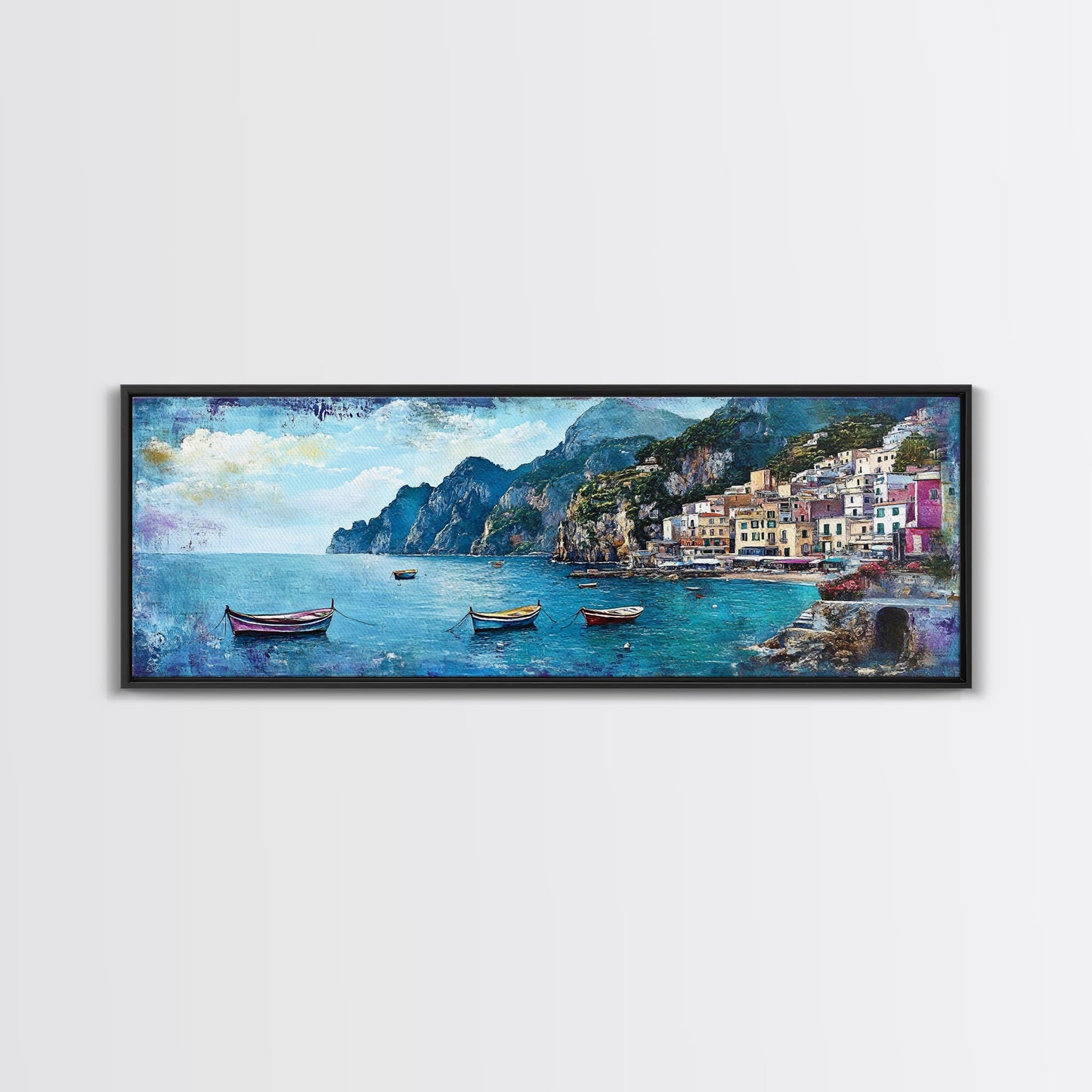 Italian Seaside, Framed Canvas Print, Italy In The Summer, Original Artwork Oil Painting Print, Gift Idea, Horizontal Wood Framed Panoramic Art